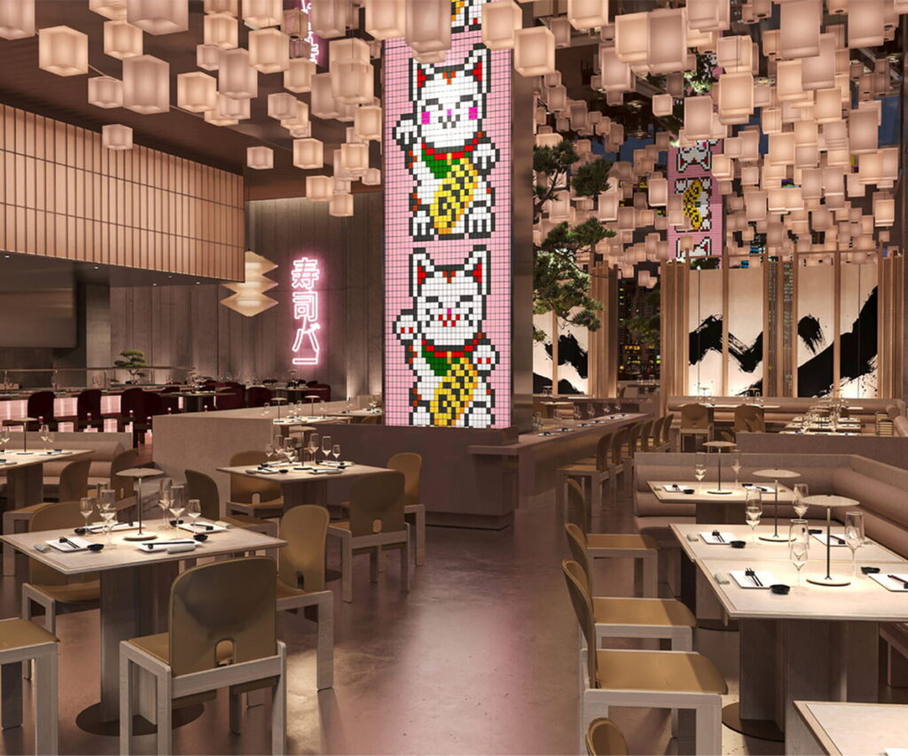 Modern Japanese fine dining restaurant interior with elegant lighting.