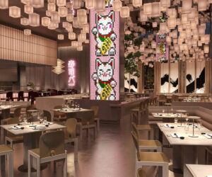 Modern Japanese fine dining restaurant interior with elegant lighting.