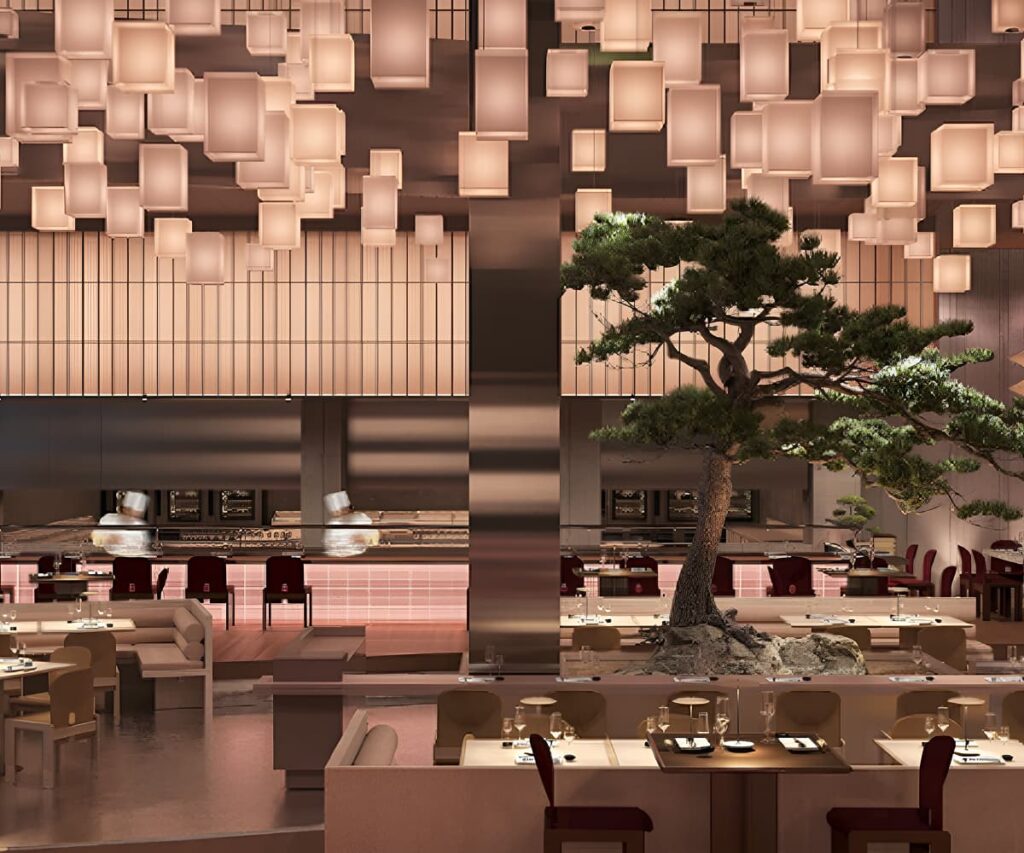 Japanese restaurant interior in Downtown Dubai evening view