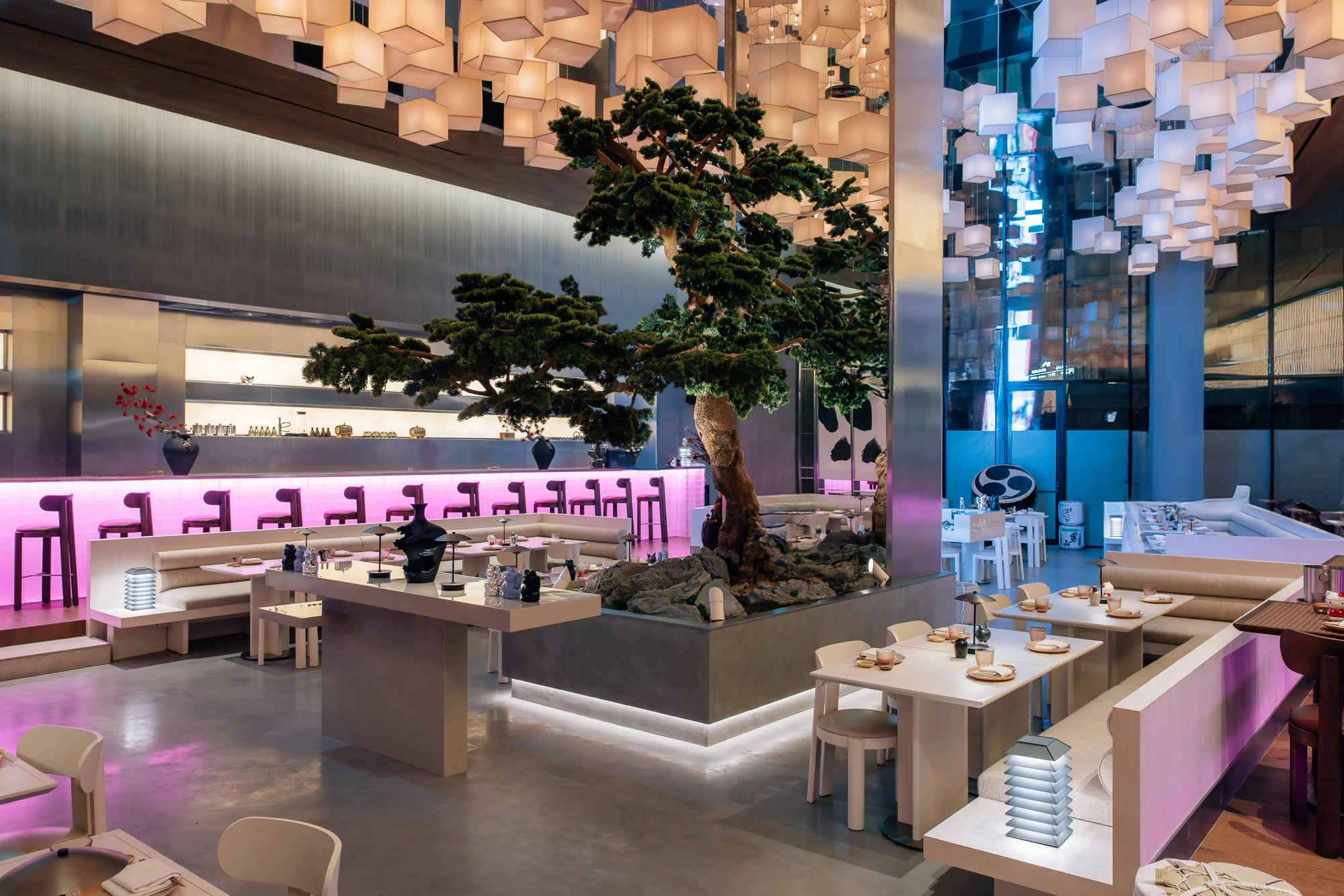 RamRoll ambiance and dining area with tree in middle