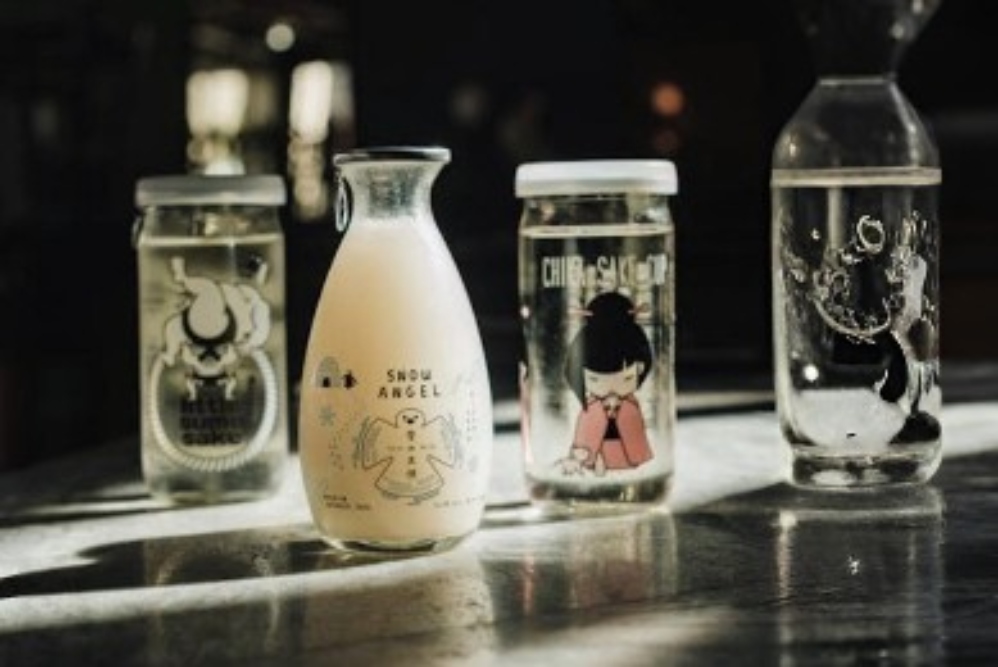 Japanese sake bottle with glasses